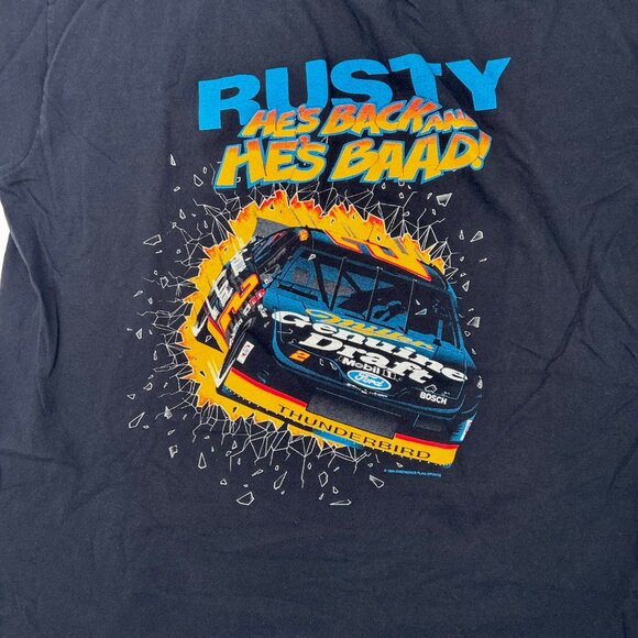 Vtg Rusty Wallace NASCAR T-Shirt 2XL Black Graphic Tee MGD Thunderbirds Racing - Picture 2 of 4